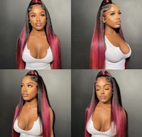 four different pictures of a woman wearing a pink and black wig